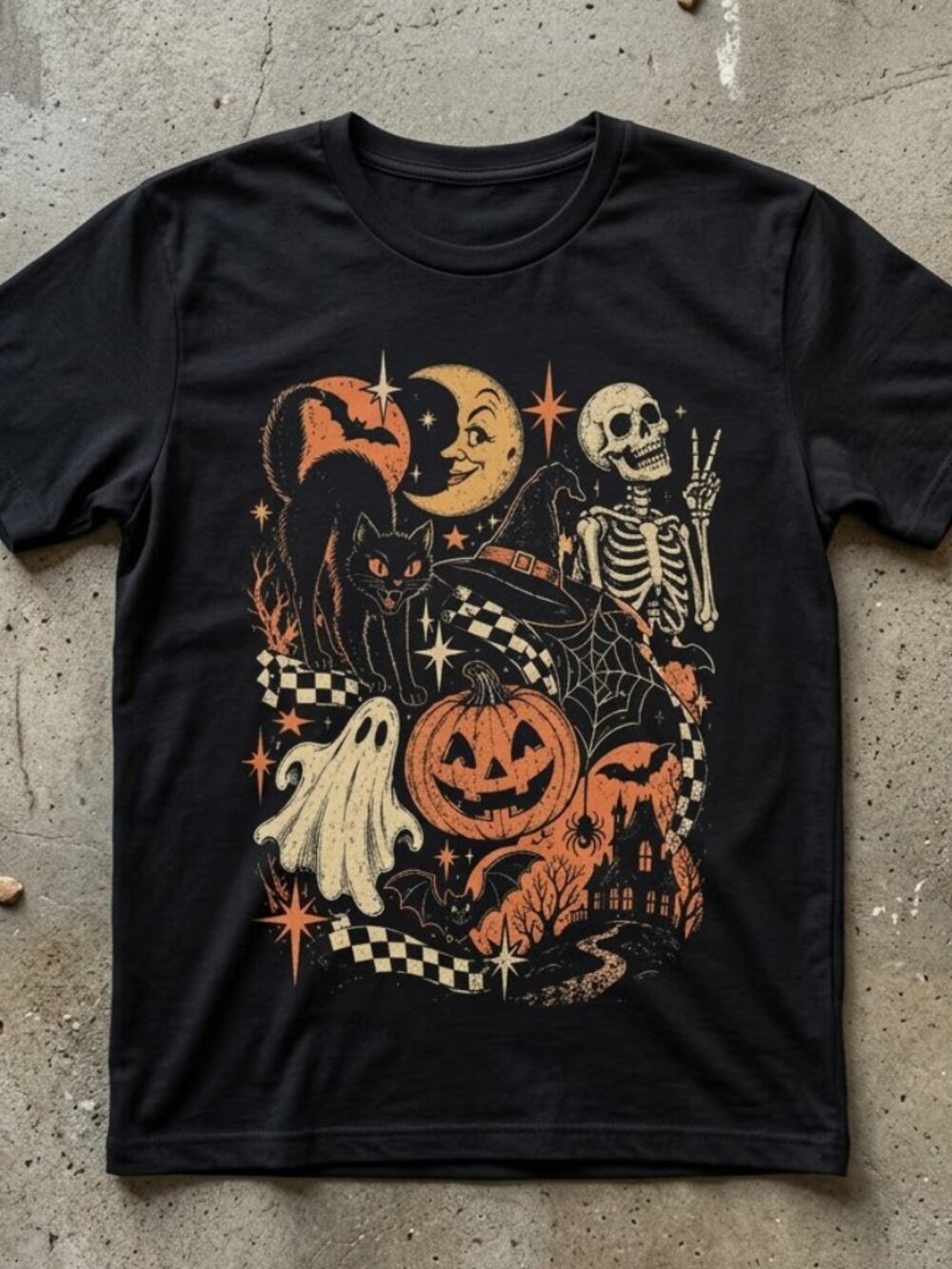 Black Cat Ghost Skeleton Halloween T Shirt, Spooky Cute Pumpkin Witch Tee